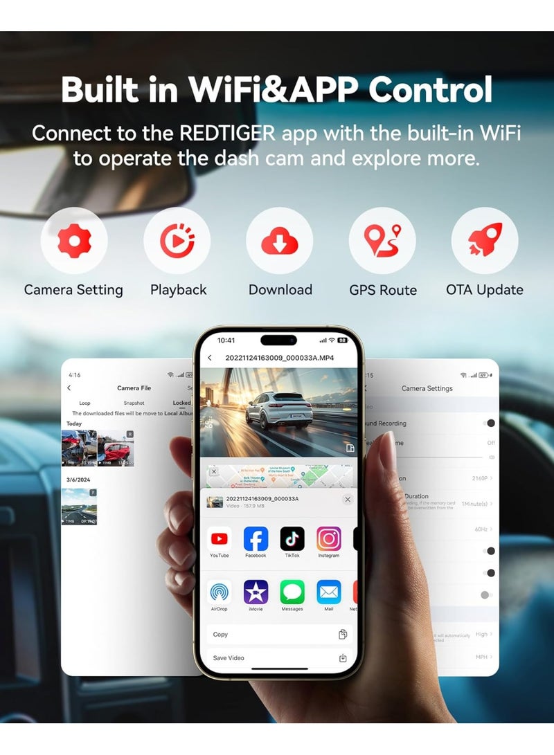 ريد تايجر كاميرا تابلوه امامية وخلفية 4K من اف 7 ان بي، كاميرا مزدوجة للسيارة للرؤية الليلية، واي فاي مدمج، بطاقة 32GB، شاشة IPS 3.2 انش، رؤية واسعة 170 درجة، WDR، شاشة وقوف السيارات 24 ساعة - Image 4